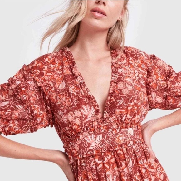 Ulla Johnson Amora Coral Floral Print Midi Dress Size 4 Ruffle Puff Sleeve - Picture 5 of 14